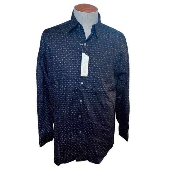 New!  Perry Ellis Men’s Button Front Casual Shirt Sz. M Navy Blue Geometric Prin - Picture 2 of 12